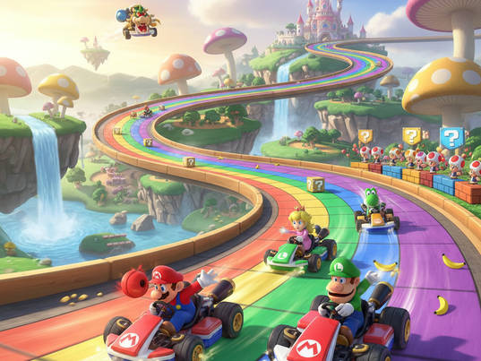 Kart-Rennen auf der Regenbogenstrecke – Farbenfrohes Fantasie-Rennspiel